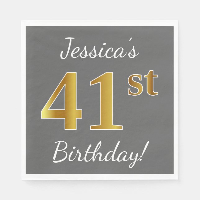 Servilleta De Papel Gris, Faux Gold 41st Birthday + Nombre personaliza (Anverso)
