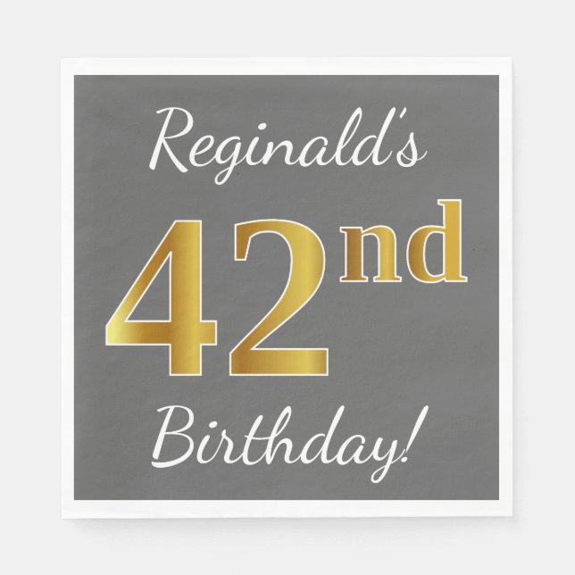 Servilleta De Papel Gris, Faux Gold 42nd Birthday + Nombre personaliza (Anverso)