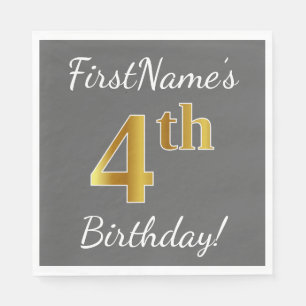 Servilleta De Papel Gris, Faux Gold 4Cumpleaños + Nombre Personalizado