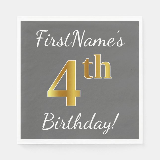 Servilleta De Papel Gris, Faux Gold 4Cumpleaños + Nombre Personalizado (Anverso)