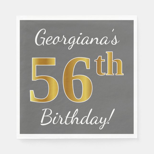 Servilleta De Papel Gris, Faux Gold 56th Birthday + Nombre personaliza (Anverso)