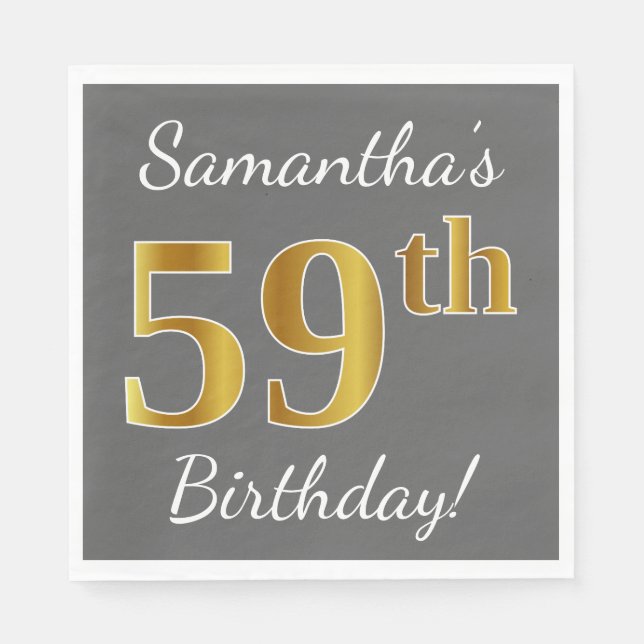 Servilleta De Papel Gris, Faux Gold 59th Birthday + Nombre personaliza (Anverso)