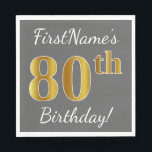 Servilleta De Papel Gris, Faux Gold 80th Birthday   Nombre personaliza<br><div class="desc">Este sencillo diseño de servilleta de papel muestra un mensaje como "¡Cumpleaños 80 de FirstName!", con el "80" con un aspecto falso/imitación dorado, en un fondo gris (gris) de color. El nombre se puede personalizar. Se podría usar en una fiesta de cumpleaños para alguien que esté celebrando su ochenta cumpleaños....</div>