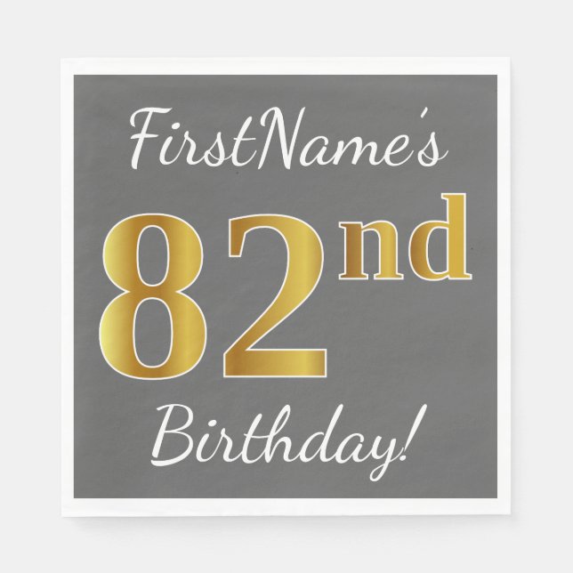 Servilleta De Papel Gris, Faux Gold 82nd Birthday + Nombre personaliza (Anverso)
