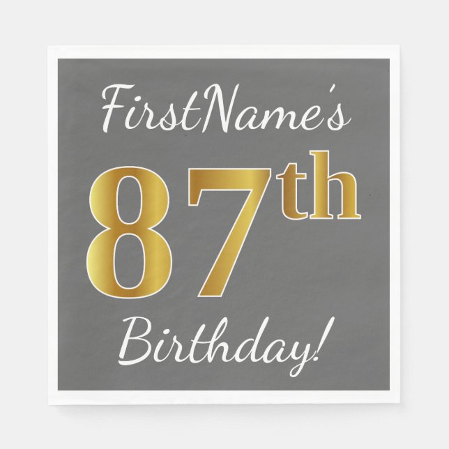Servilleta De Papel Gris, Faux Gold 87th Birthday + Nombre personaliza (Anverso)