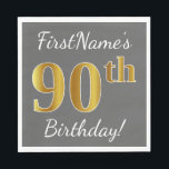 Servilleta De Papel Gris, Faux Gold 90th Birthday   Nombre personaliza<br><div class="desc">Este sencillo diseño de servilleta de papel muestra un mensaje como "¡Cumpleaños 90 de FirstName!", con el "90" con un aspecto falso/imitación de oro, en un fondo gris (gris) de color. El nombre se puede personalizar. Se podría usar en una fiesta de cumpleaños para alguien que esté celebrando su cumpleaños...</div>