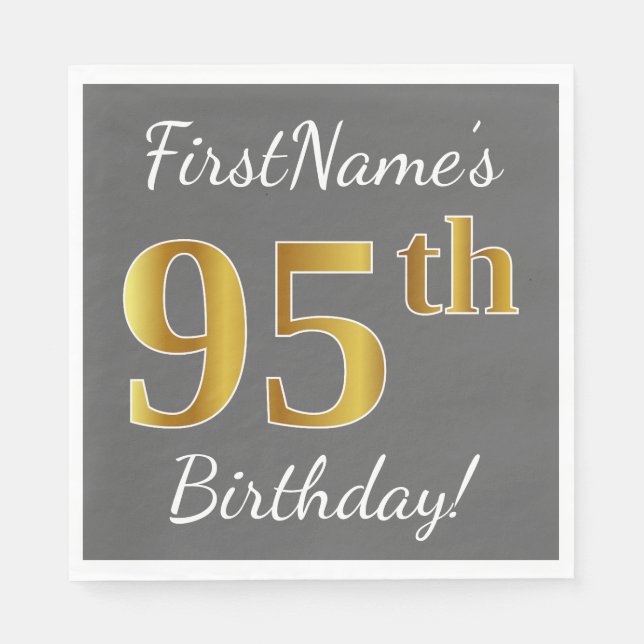 Servilleta De Papel Gris, Faux Gold 95th Birthday + Nombre personaliza (Anverso)