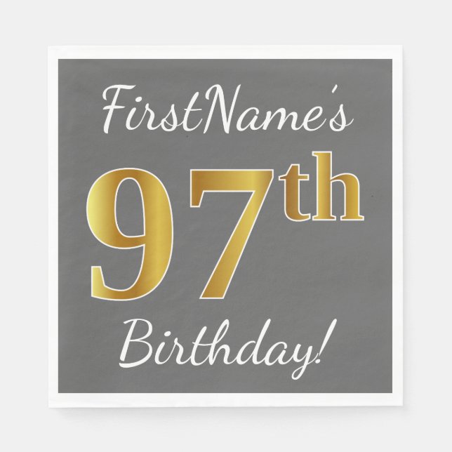 Servilleta De Papel Gris, Faux Gold 97th Birthday + Nombre personaliza (Anverso)