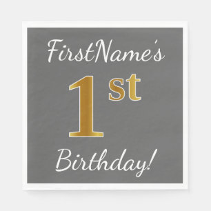 Servilleta De Papel Gris, Faux Gold Primer cumpleaños + Nombre persona