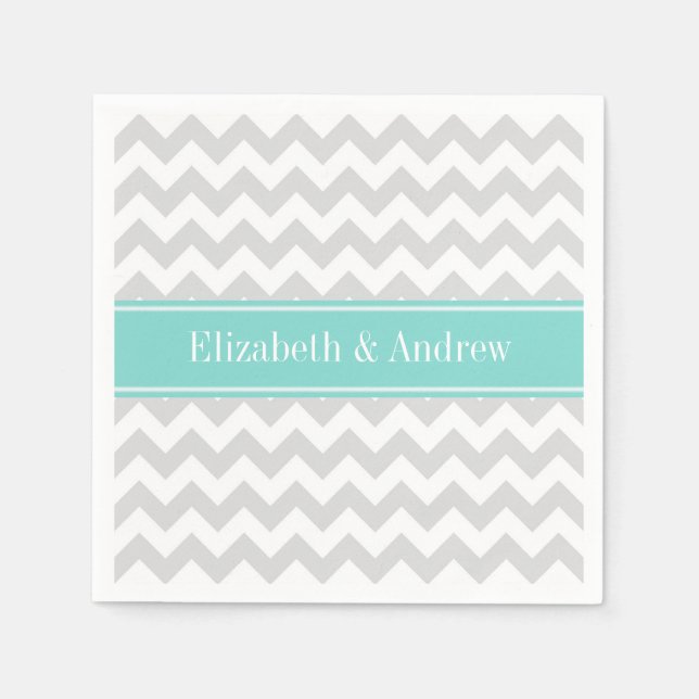 Servilleta De Papel Gris Lt Wht Chevron ZigZag Aqua Nombre Monograma (Anverso)
