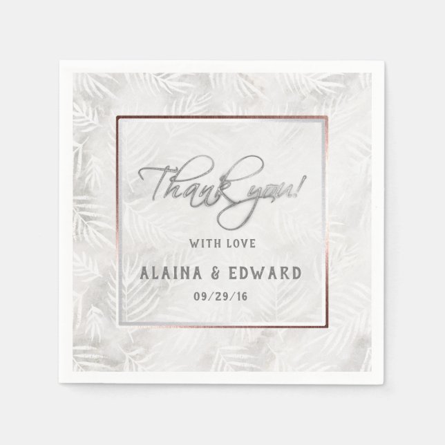 Servilleta De Papel Gris plateado y hojas rosadas turbias Boda (Anverso)