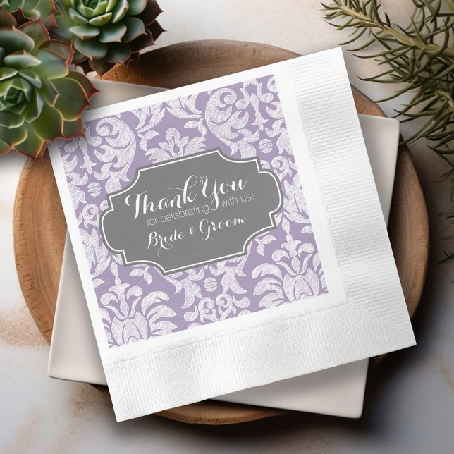 Servilleta De Papel Gris Púrpura Damasco Antiguo Boda Gracias (Purple and White Lace Personalized Wedding Napkins)