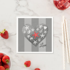 Servilleta De Papel Gris Stripe Tema Costero Seashell Starfish Corazón