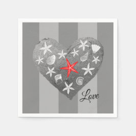 Servilleta De Papel Gris Stripe Tema Costero Seashell Starfish Corazón