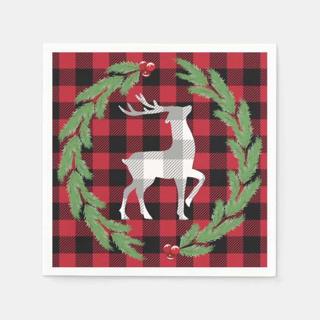 Servilleta De Papel Gris White Deer Buffalo Plaid Holly Pine Berries (Anverso)