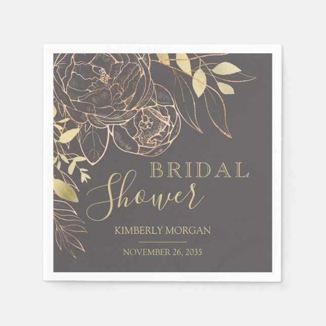Servilleta De Papel Gris y oro Moderno Floral Bridal Ducha Napkins (Anverso)