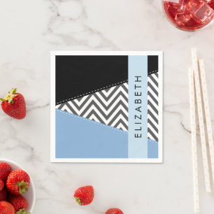 Servilleta De Papel Gris Zigzag, Gris Chevron, Azul, Tu Nombre