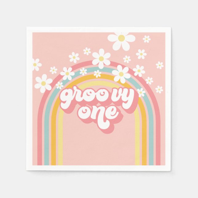 Servilleta De Papel Groovy arcoiris retro primer cumpleaños (Anverso)