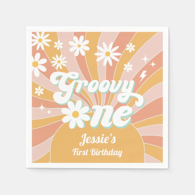 Servilleta De Papel Groovy One Boho Retro Daisy Sunshine primer cumple (Anverso)