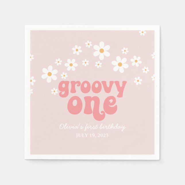 Servilleta De Papel Groovy One Retro daisy boho floral primer cumpleañ (Anverso)