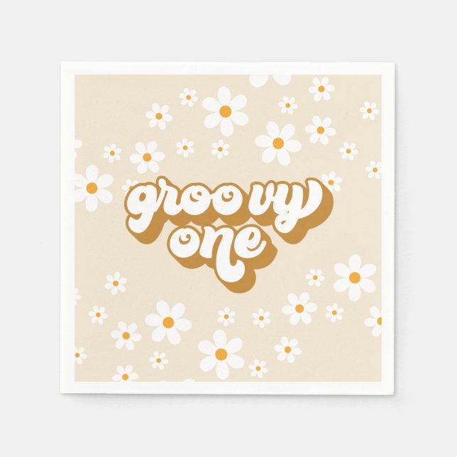Servilleta De Papel Groovy One Retro Daisy Primer Cumpleaños (Anverso)