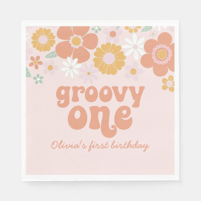 Servilleta De Papel Groovy One Retro Floral primer cumpleaños (Anverso)