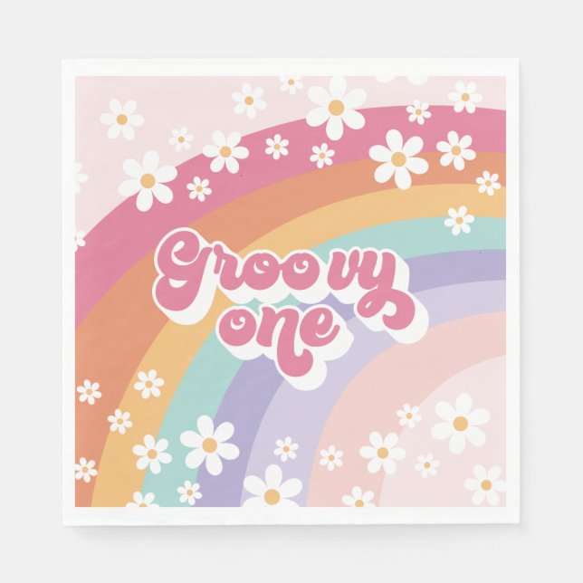 Servilleta De Papel Groovy One Retro Rainbow Primer cumpleaños (Anverso)