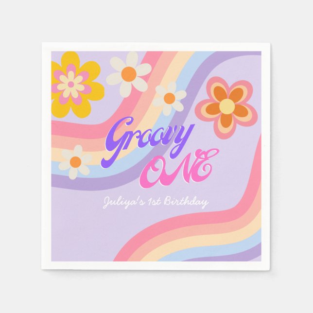 Servilleta De Papel Groovy One Retro Rainbow Primer cumpleaños (Anverso)