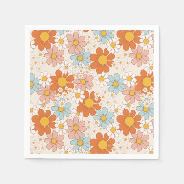 Servilleta De Papel Groovy Retro Daisy Naranja Crema Azul (Anverso)