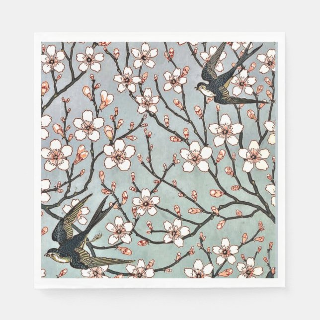 Servilleta De Papel Grulla - Flores de almendro y golondrinas (Anverso)