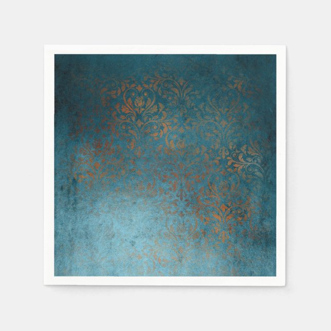 Servilleta De Papel Grunge Boho Copper Blue Damask (Anverso)