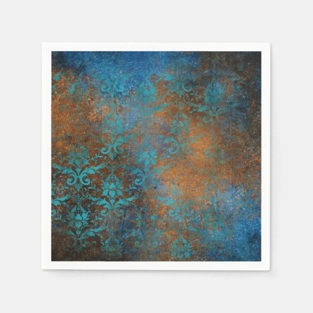 Servilleta De Papel Grunge Boho Copper Blue Floral Damask (Anverso)