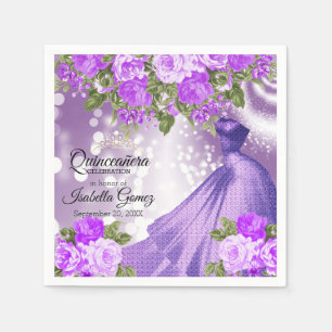 Servilleta De Papel Guata y flores púrpura de Quinceañera