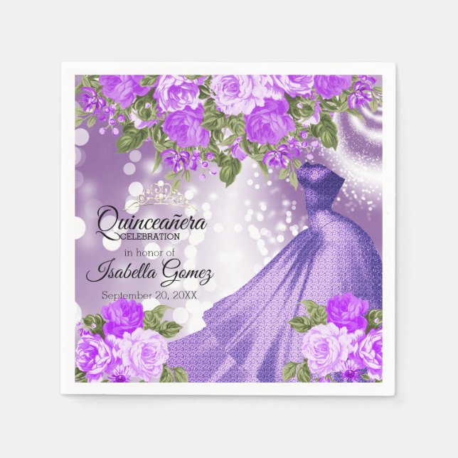 Servilleta De Papel Guata y flores púrpura de Quinceañera (Anverso)