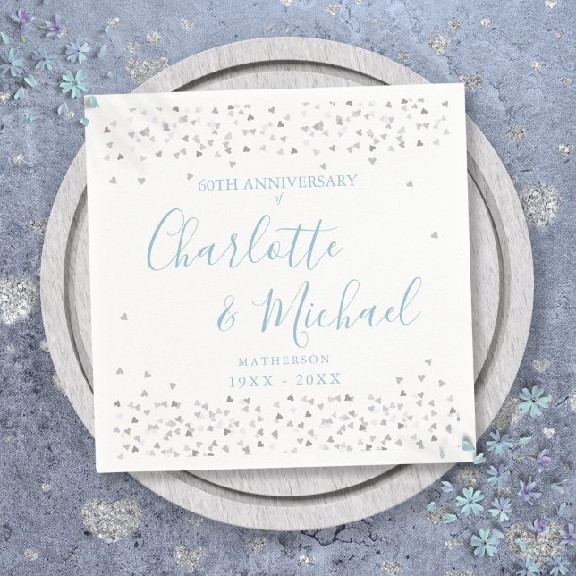 Servilleta De Papel Guión del 60 aniversario Boda Corazones Confetti (60th Wedding Anniversary Script Hearts Confetti Napkins)