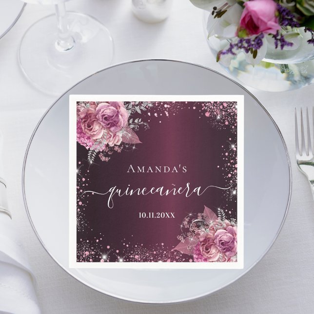 Servilleta De Papel Guión del nombre floral rosa de Quinceanera burgun (Subido por el creador)