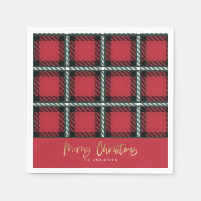 Servilleta De Papel Guión dorado alegre navidad tartán rojo (Anverso)