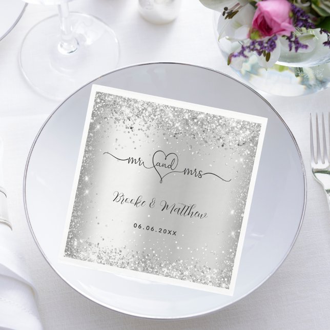 Servilleta De Papel Guión elegante plateado mr mrs corazón boda (Subido por el creador)