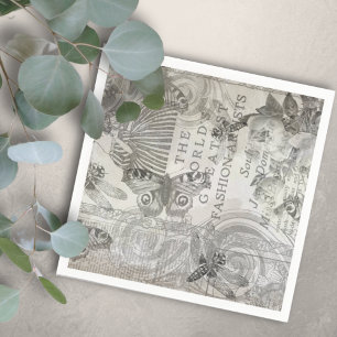 Servilleta De Papel Guión mariposa de vintag botánico negro y blanco