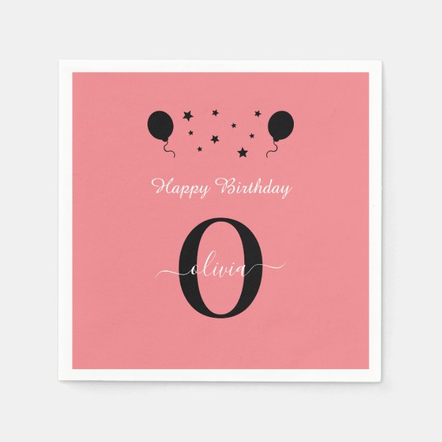 Servilleta De Papel Guión monograma Feliz cumpleaños Rosa blanco negro (Anverso)