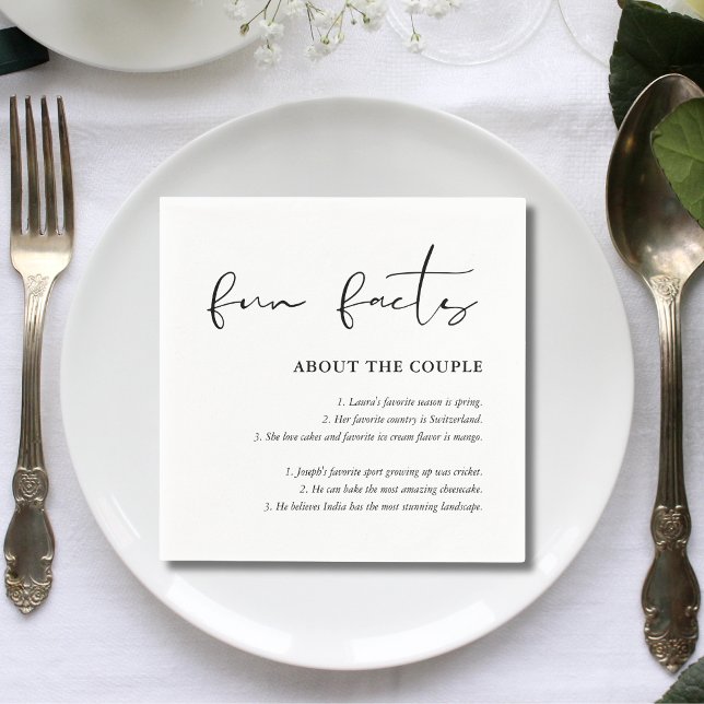Servilleta De Papel Guión Personalizado Datos Divertidos Boda Blanco N (Personalized script black white fun facts napkins add meaningful charm to wedding tables)