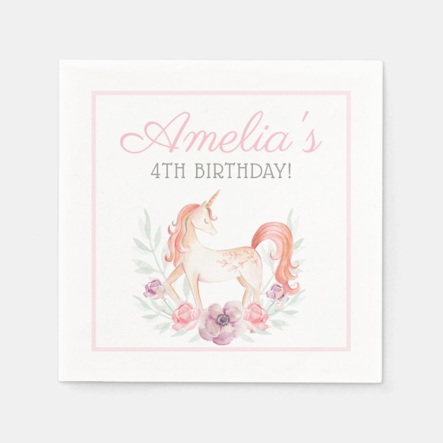 Servilleta De Papel Guirnalda de flores de unicornio mágico Cumpleaños (Anverso)