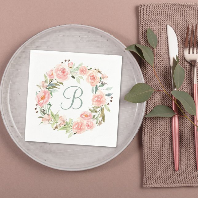 Servilleta De Papel Guirnalda de flores rosa pastel con monograma (In situ Wedding reception)