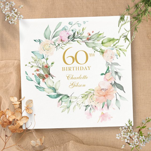 Servilleta De Papel Guirnalda de Rosas de Verano Dulce Cumpleaños 60 (Sweet Summer Roses Garland 60th Birthday Napkins)