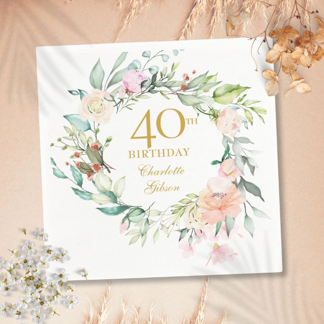 Servilleta De Papel Guirnalda de Rosas Veraniegas Dulces Cumpleaños 40 (Sweet Summer Roses Garland 40th Birthday Napkins)