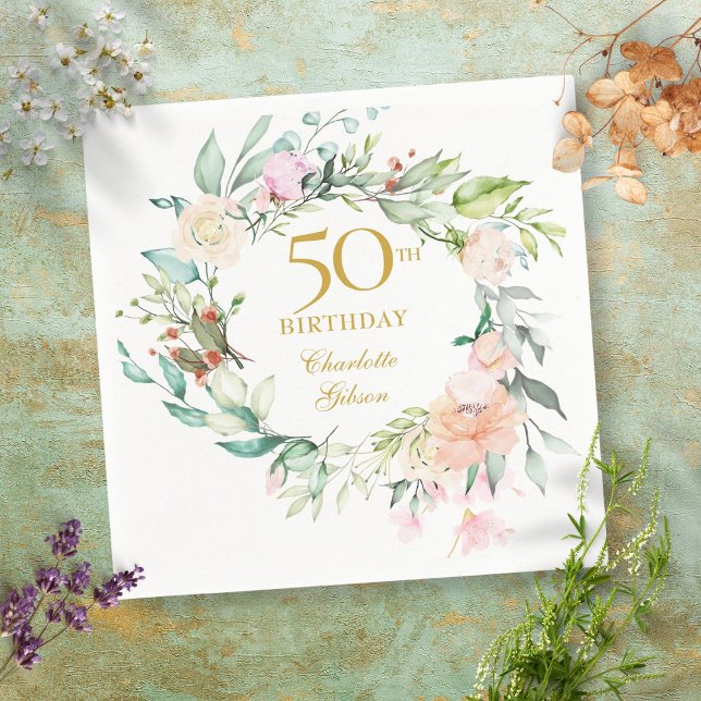 Servilleta De Papel Guirnalda de Rosas Veraniegas Dulces Cumpleaños 50 (Subido por el creador)
