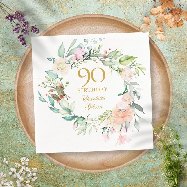 Servilleta De Papel Guirnalda de Rosas Veraniegas Dulces Cumpleaños 90 (Subido por el creador)
