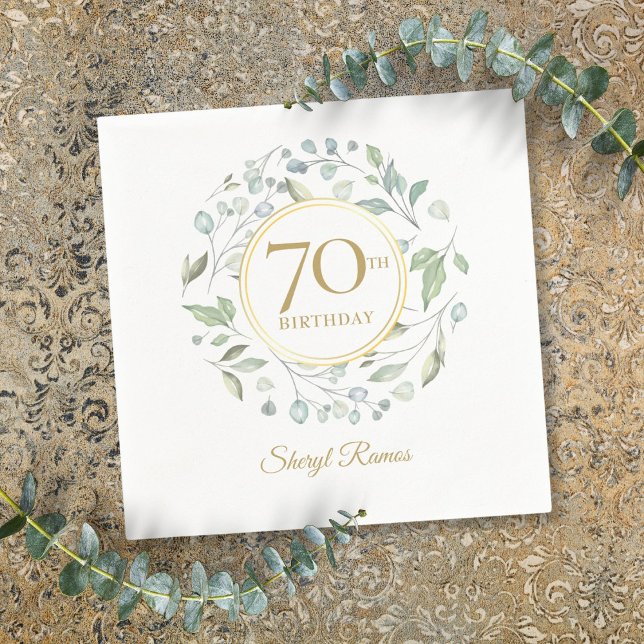 Servilleta De Papel Guirnalda floral de laurel elegante dorado cumplea (Laurel Floral Garland Elegant Gold 70th Birthday Napkins)
