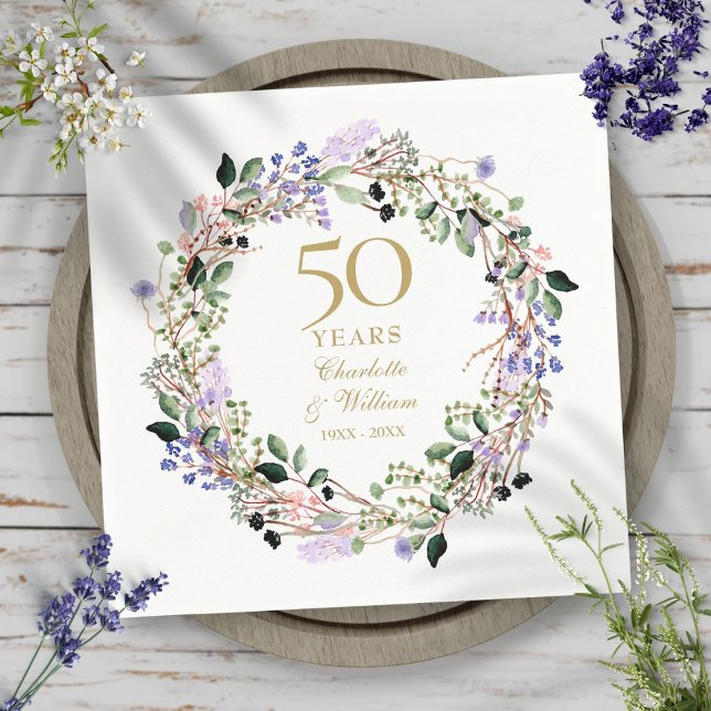 Servilleta De Papel Guirnalda floral de lavanda para aniversario de bo (Lavender Floral Garland 50th Wedding Anniversary Napkins)