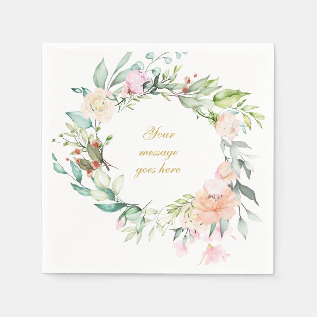 Servilleta De Papel Guirnalda floral de rosa con guión de oro personal (Anverso)